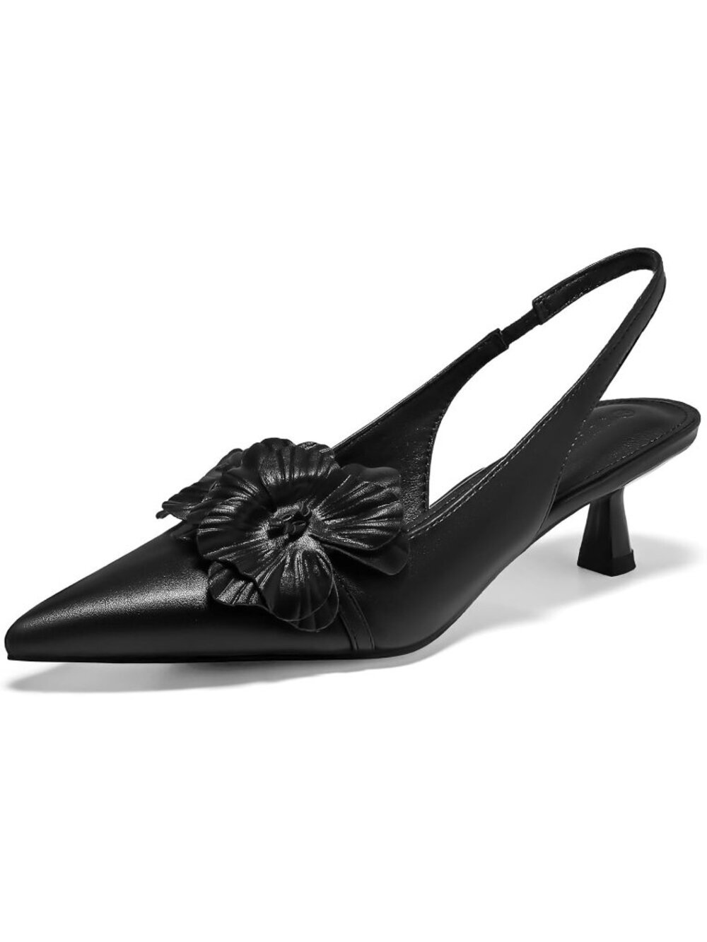 Womens Black Flower Closed Pointed Toe Slingback Kitten Heel Wedding Pumps Shoes